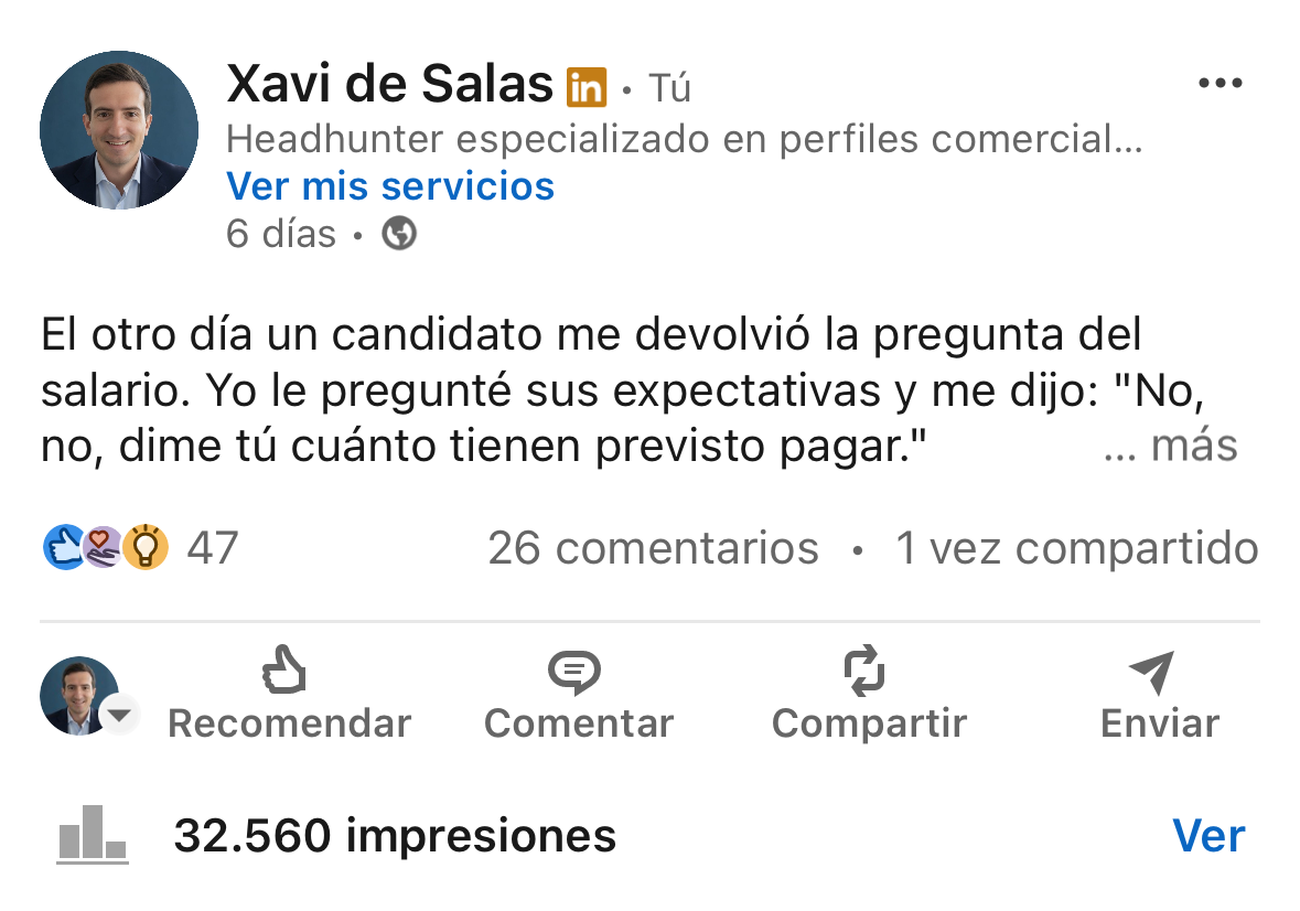 Post de LinkedIn de Xavi de Salas con 32.560 impresiones