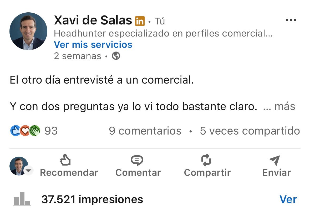 Post de LinkedIn de Xavi de Salas con 37.521 impresiones